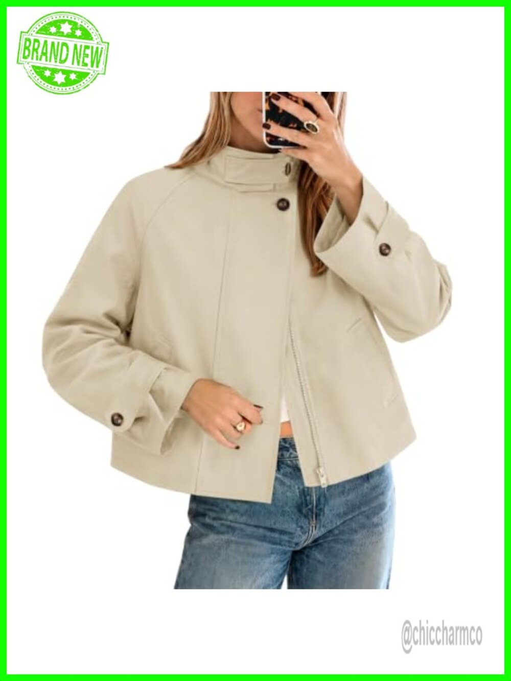 Cropped Trench Coat Funnel Neck Zip Up Jacket Women Casual Lightweight